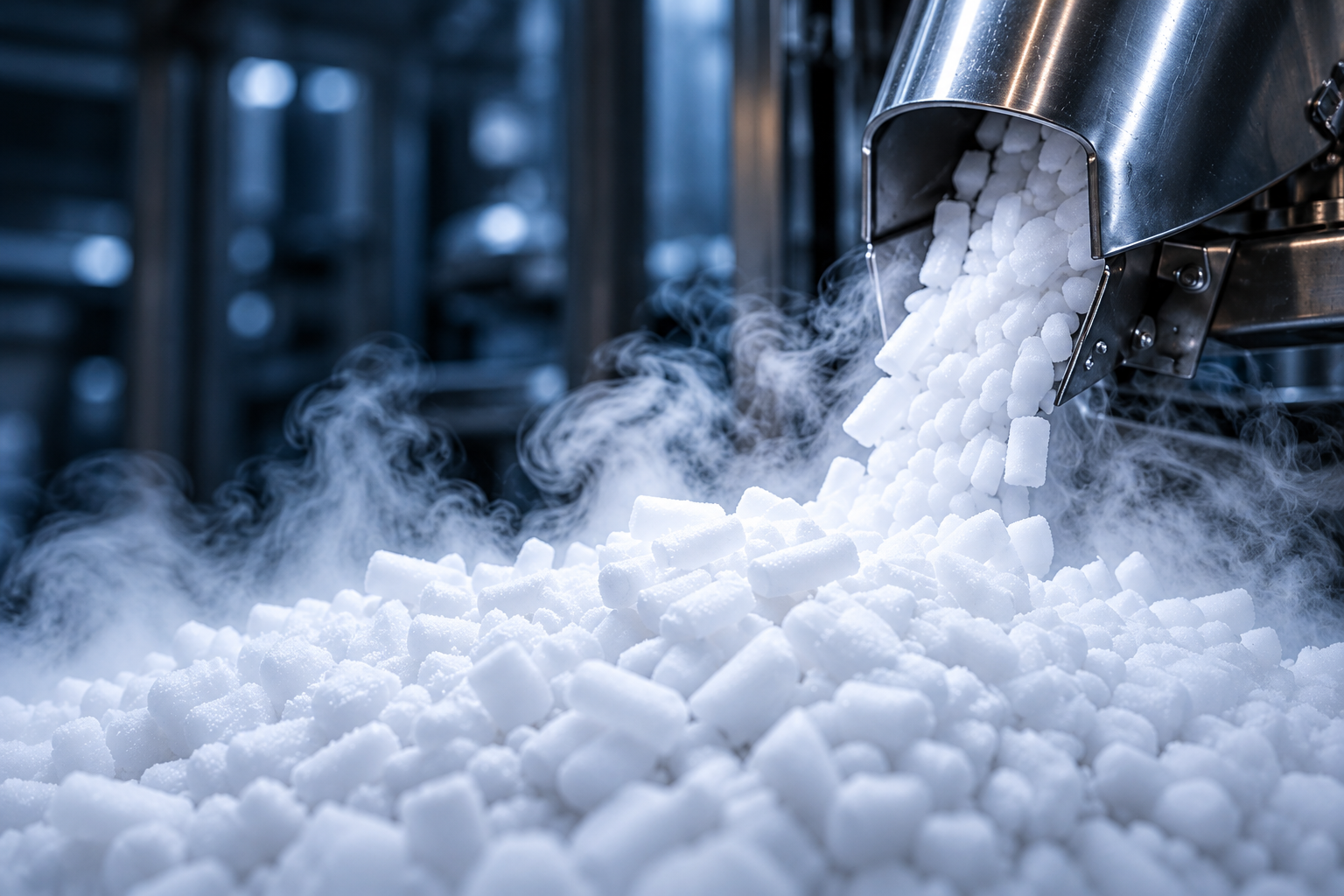 White dry ice pellets with cool vapor