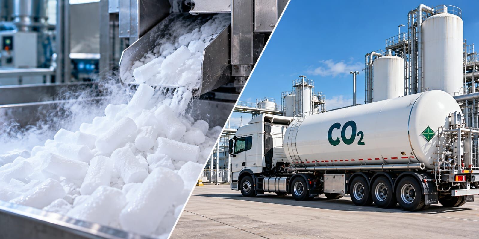 Dry ice being produced, and a CO₂ tanker truck at an industrial site