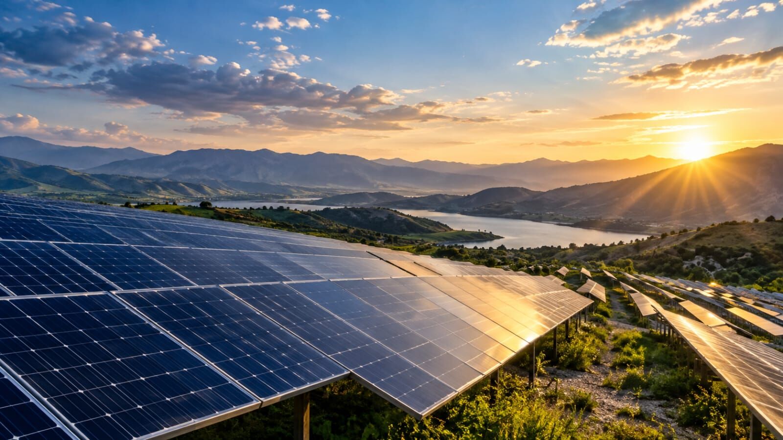 Solar panels in the mountains at sunset