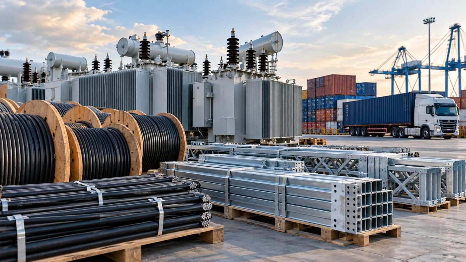 Electrical cables, transformers and steel structures at a port with containers and a truck