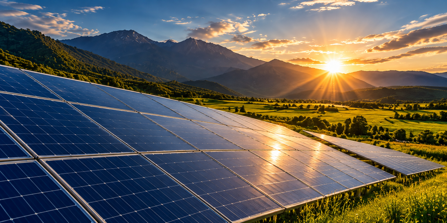 Solar panels in a mountain valley at sunset