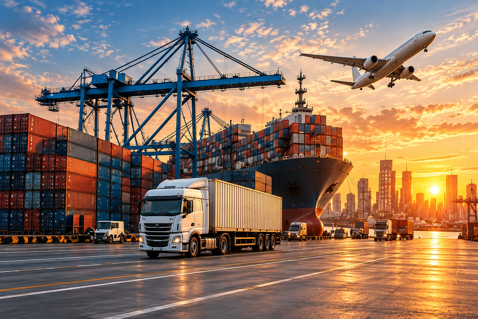Cargo port with a ship, truck, and airplane at sunset